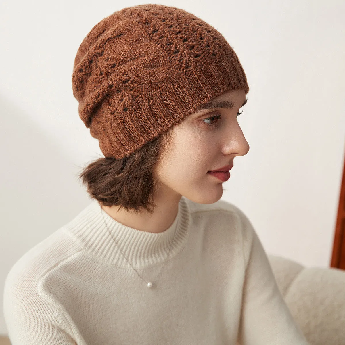 100% Cashmere Classic Cable Knit Beanie