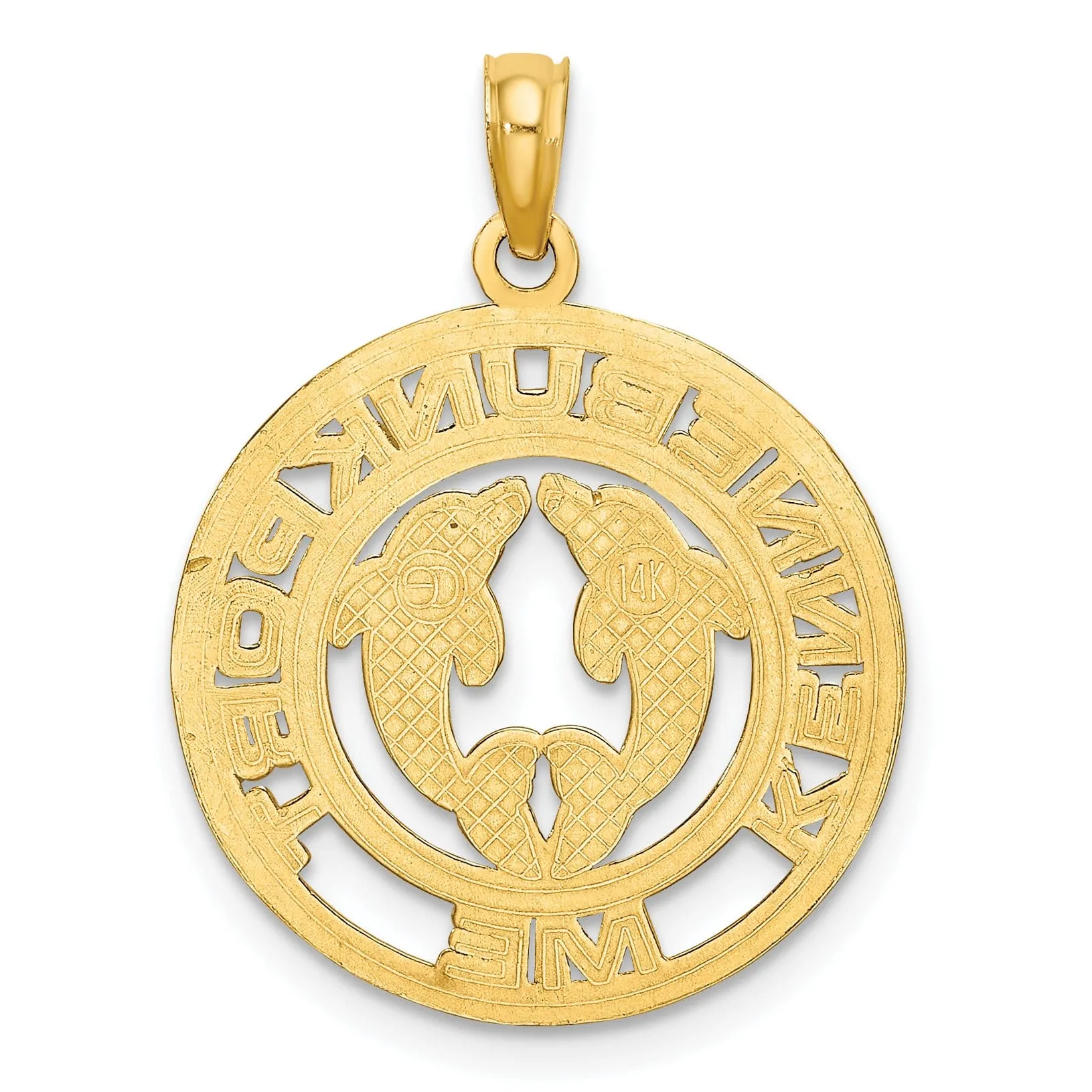 14K Yellow Gold Polished Finish KENNEBUNKPORT Maine with Double Dolphins in Circle Design Charm Pendant