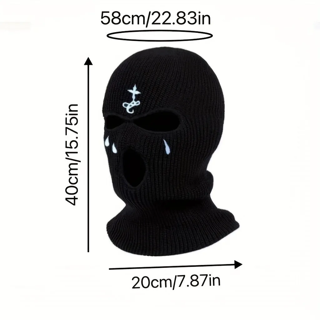 1pc Fashion Embroidered Knitted Ski Mask Winter Balaclava 3 Hole Knitted Ski Neck Warmer Warm Knitted Hat