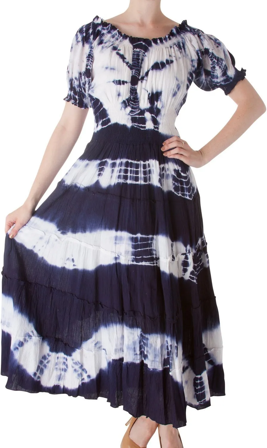 2-Tone Tie Dye Cap Sleeves Smocked Waist Tiered Guazy Long Dress - FINAL SALE