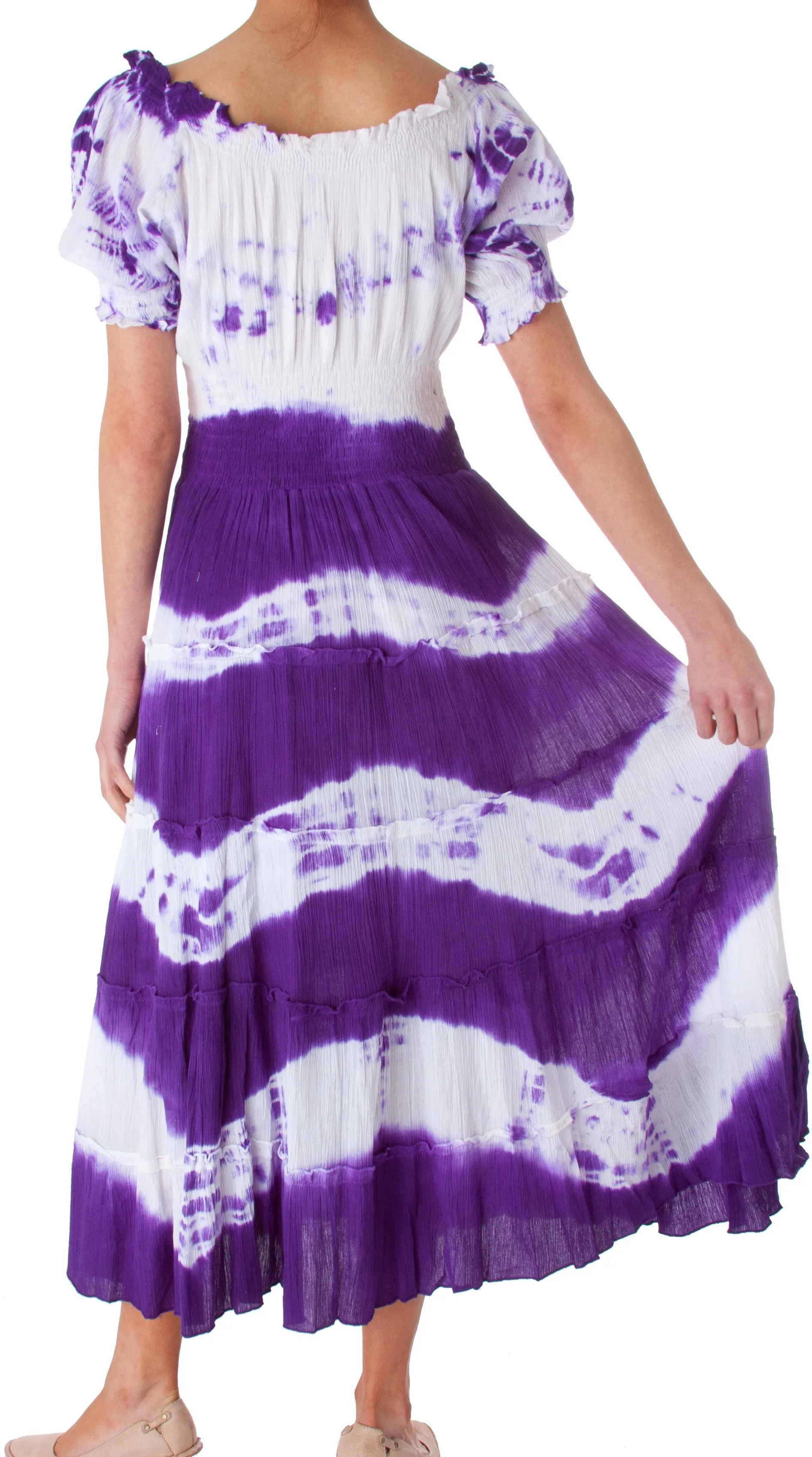 2-Tone Tie Dye Cap Sleeves Smocked Waist Tiered Guazy Long Dress - FINAL SALE