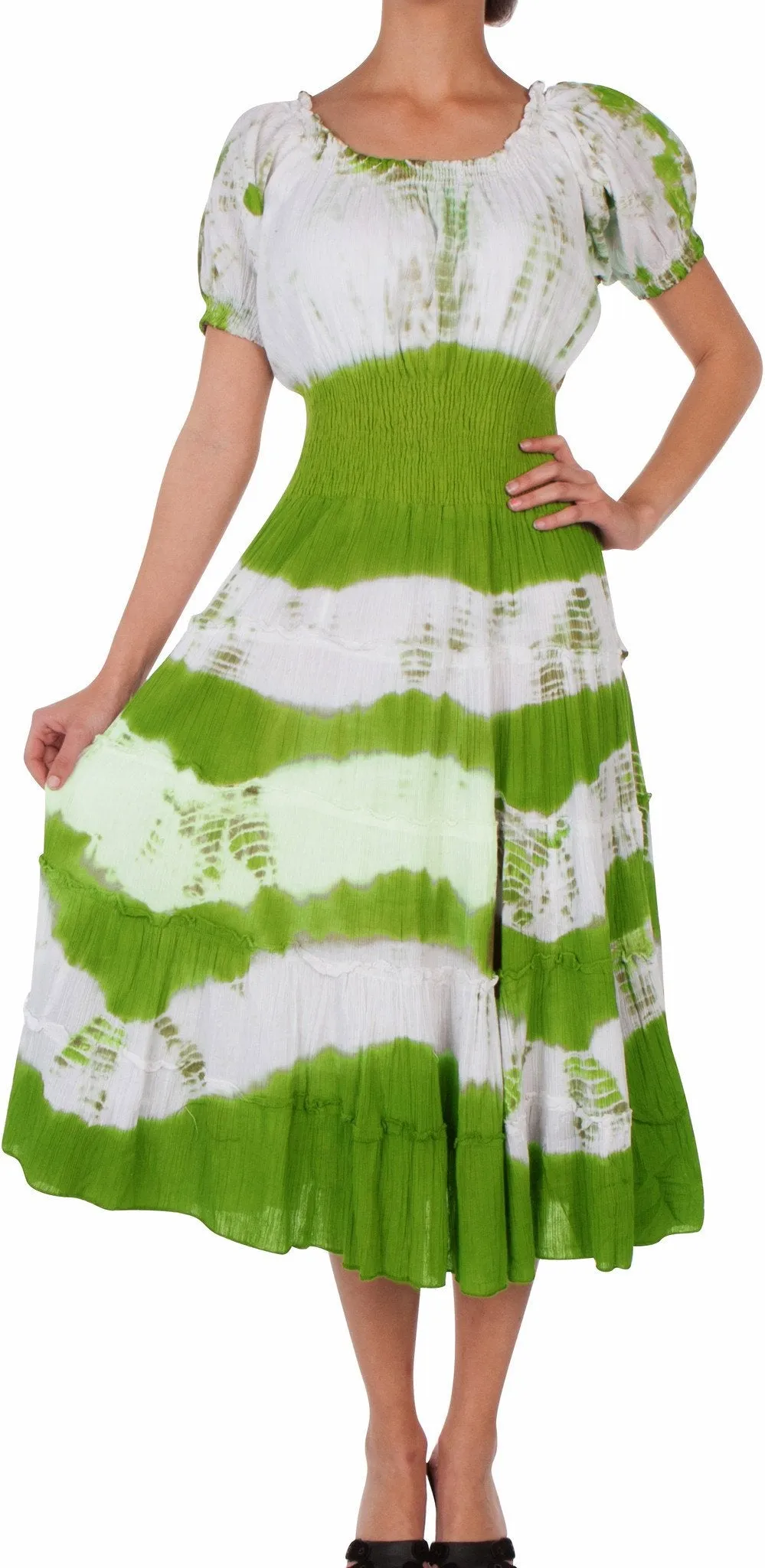 2-Tone Tie Dye Cap Sleeves Smocked Waist Tiered Guazy Long Dress - FINAL SALE