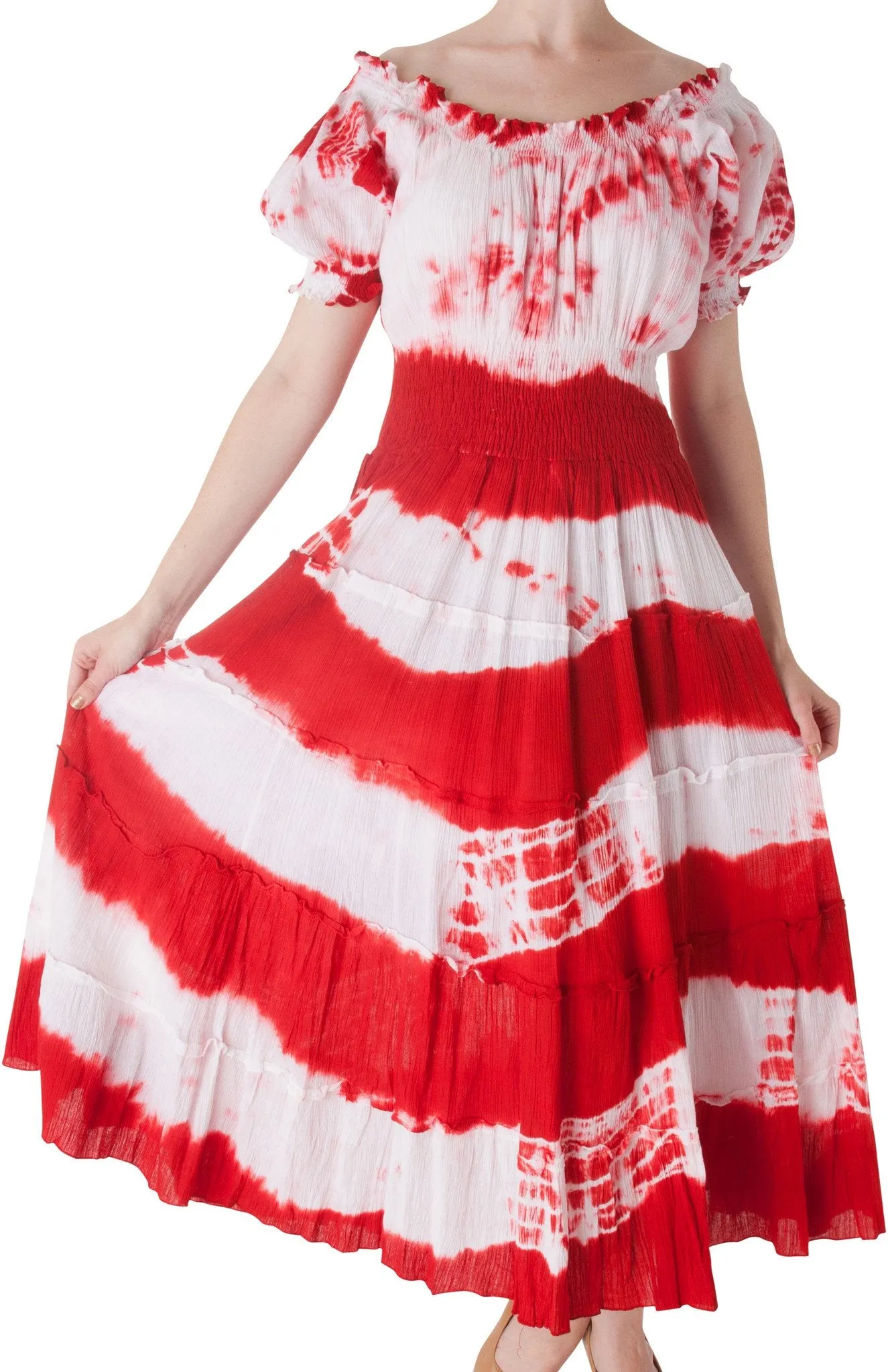 2-Tone Tie Dye Cap Sleeves Smocked Waist Tiered Guazy Long Dress - FINAL SALE