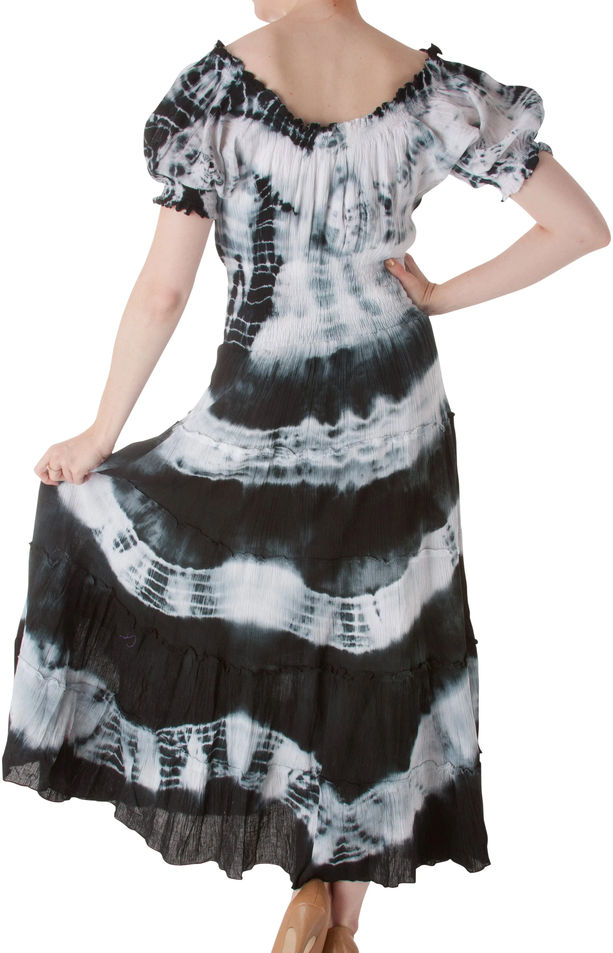 2-Tone Tie Dye Cap Sleeves Smocked Waist Tiered Guazy Long Dress - FINAL SALE