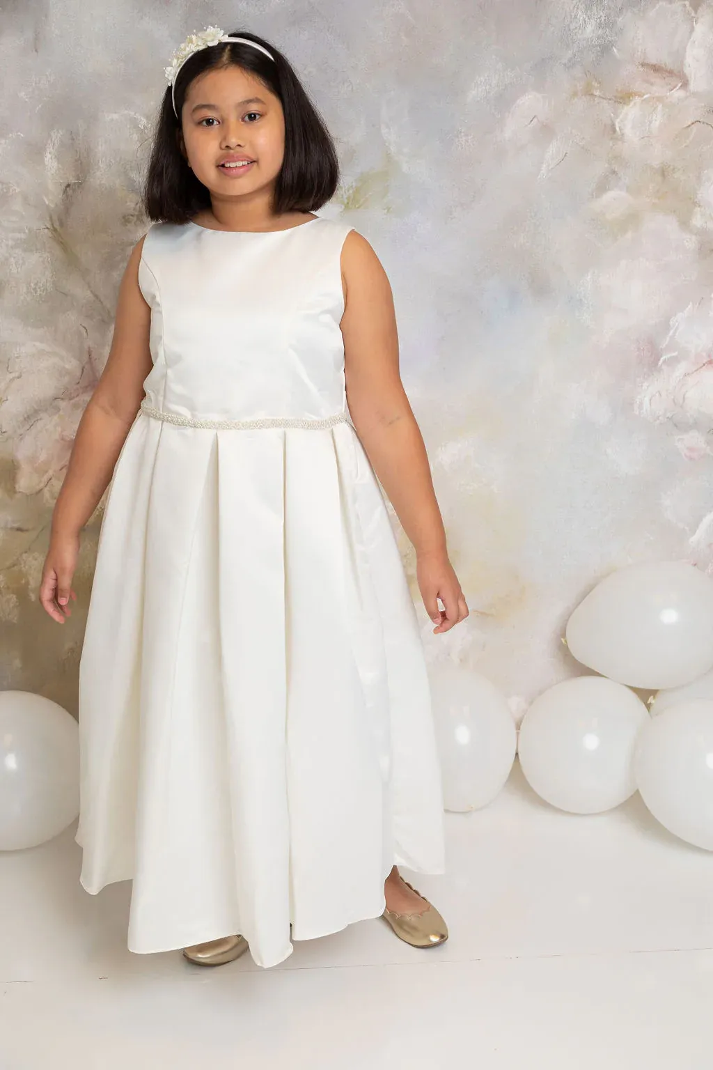 235 Satin s with classic box pleated skirt First Communion or Flower Girl Dress