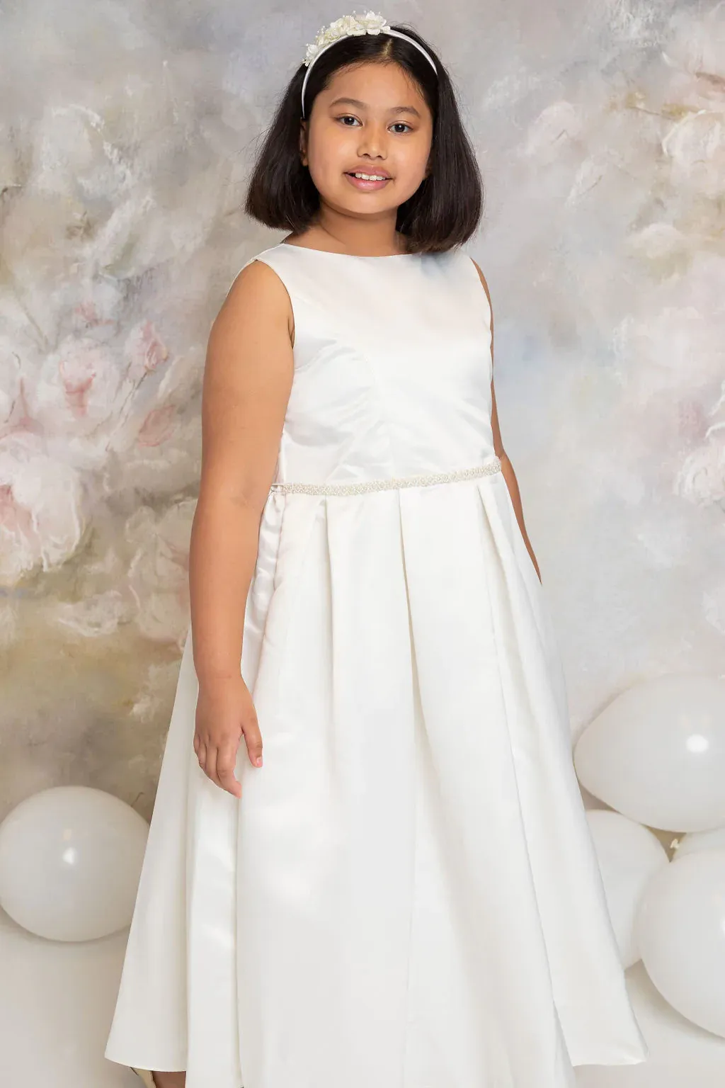 235 Satin s with classic box pleated skirt First Communion or Flower Girl Dress