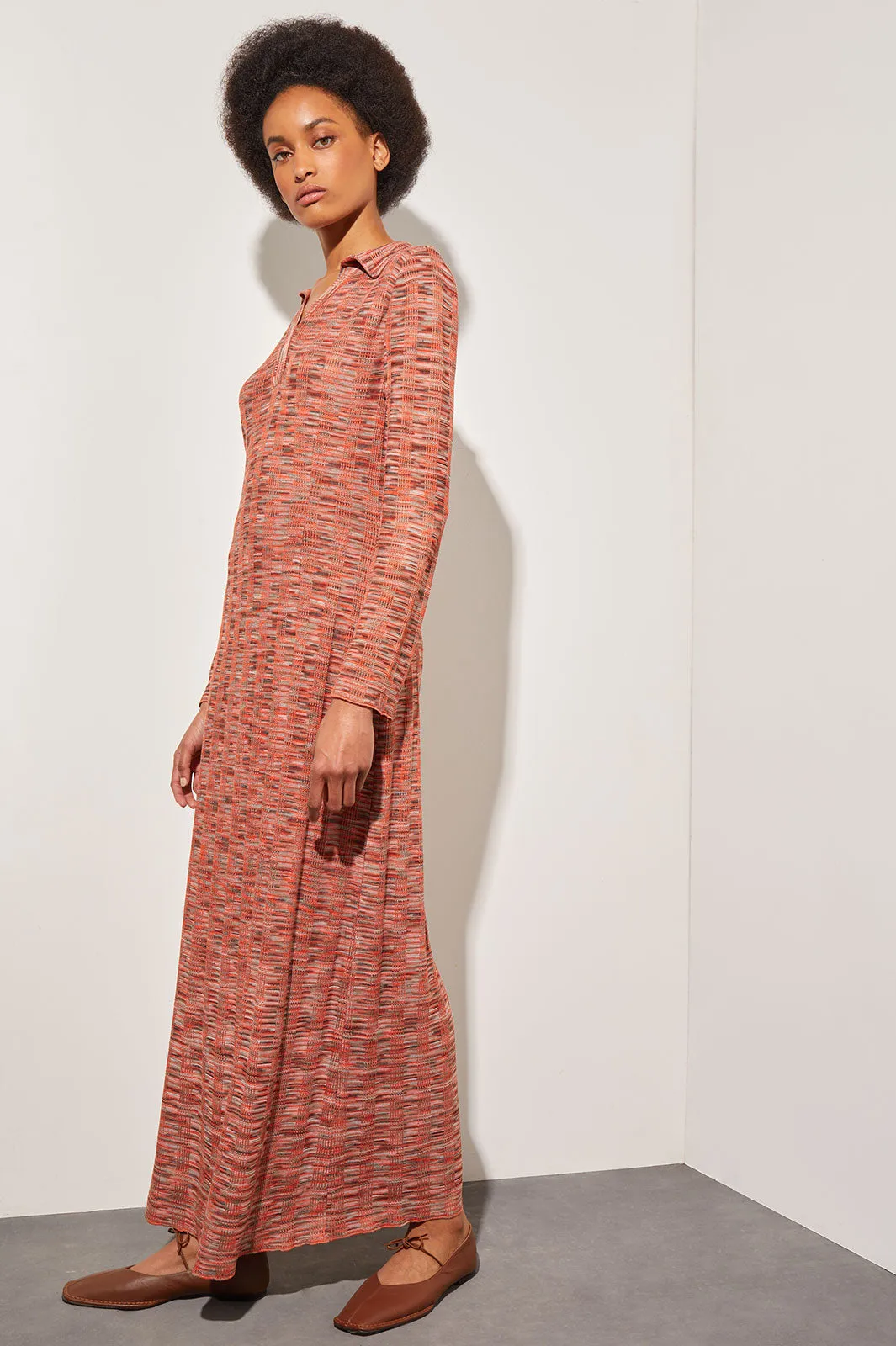 A-Line Maxi Dress - Shirt Collar Space-Dyed Knit