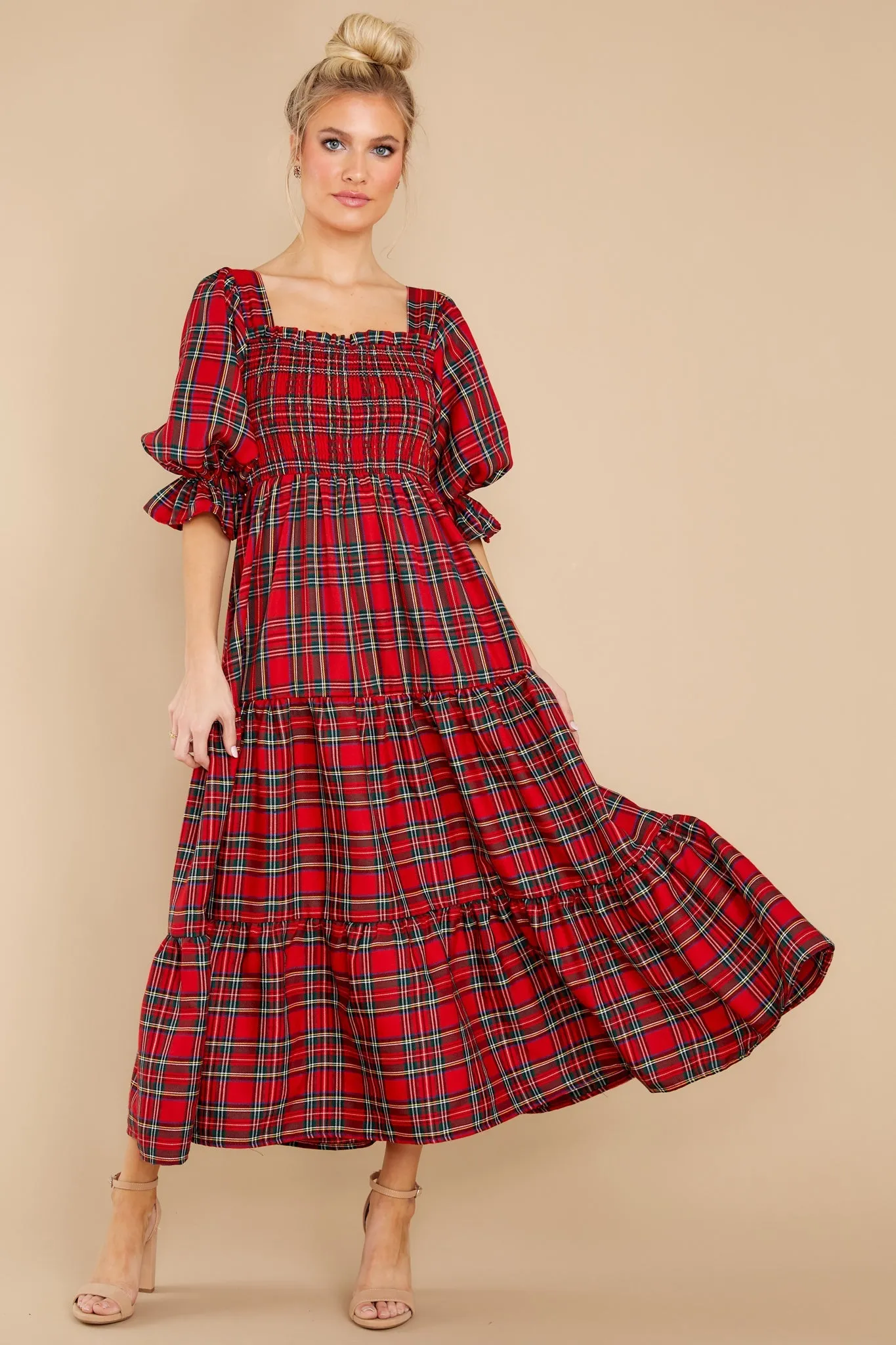 A Silent Wish Red Multi Plaid Maxi Dress