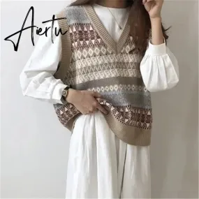 Aiertu Vintage Argyle V-neck Knitted Sweater Vest Women Loose Sleeveless Sweater Pullover Autumn Korean Casual Oversized Knit Waistcoat