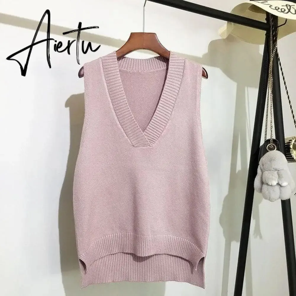 Aiertu Women V Neck Sweater Vest Korean Preppy Style Solid Knitted Sleeveless Sweater Female Autumn Winter Casual Loose Pullover Jumper