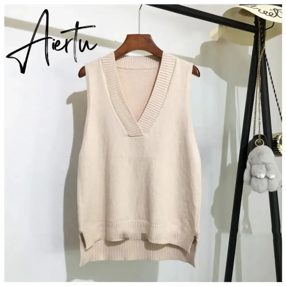 Aiertu Women V Neck Sweater Vest Korean Preppy Style Solid Knitted Sleeveless Sweater Female Autumn Winter Casual Loose Pullover Jumper