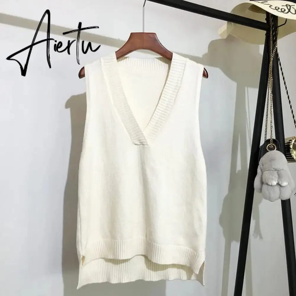 Aiertu Women V Neck Sweater Vest Korean Preppy Style Solid Knitted Sleeveless Sweater Female Autumn Winter Casual Loose Pullover Jumper