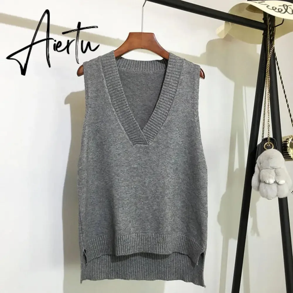 Aiertu Women V Neck Sweater Vest Korean Preppy Style Solid Knitted Sleeveless Sweater Female Autumn Winter Casual Loose Pullover Jumper