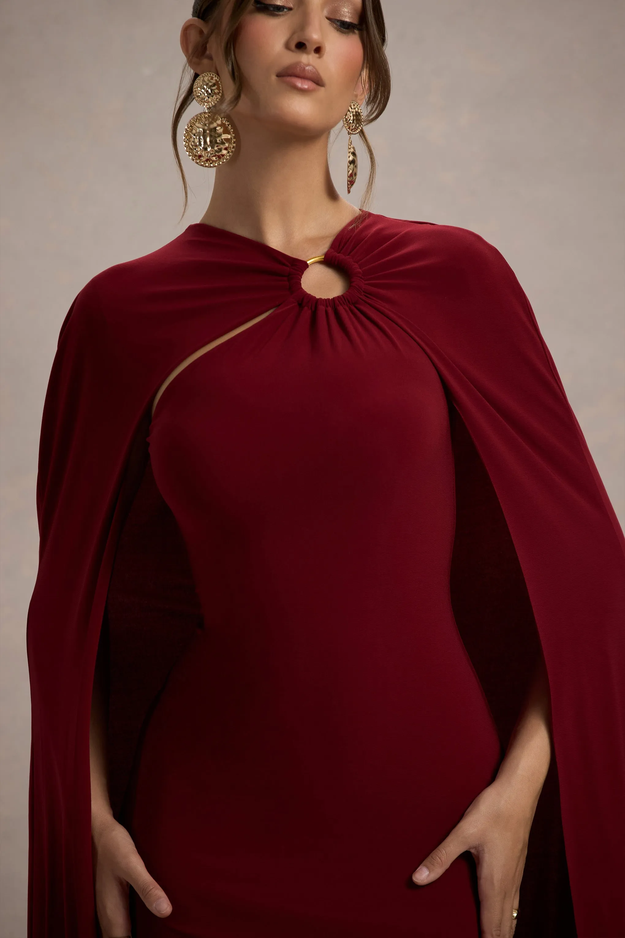 Aliza | Berry Cape Maxi Dress With Gold Ring