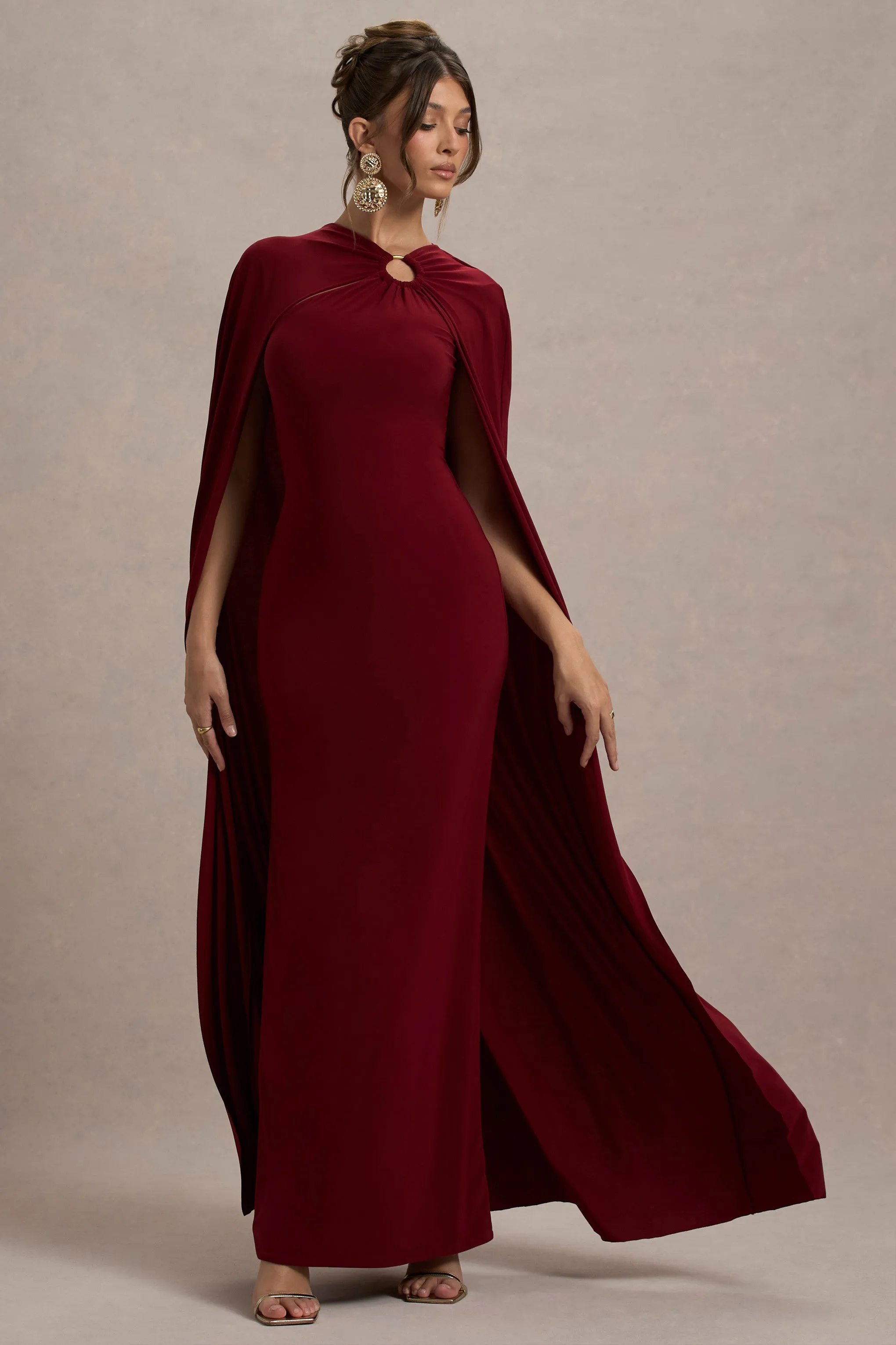 Aliza | Berry Cape Maxi Dress With Gold Ring