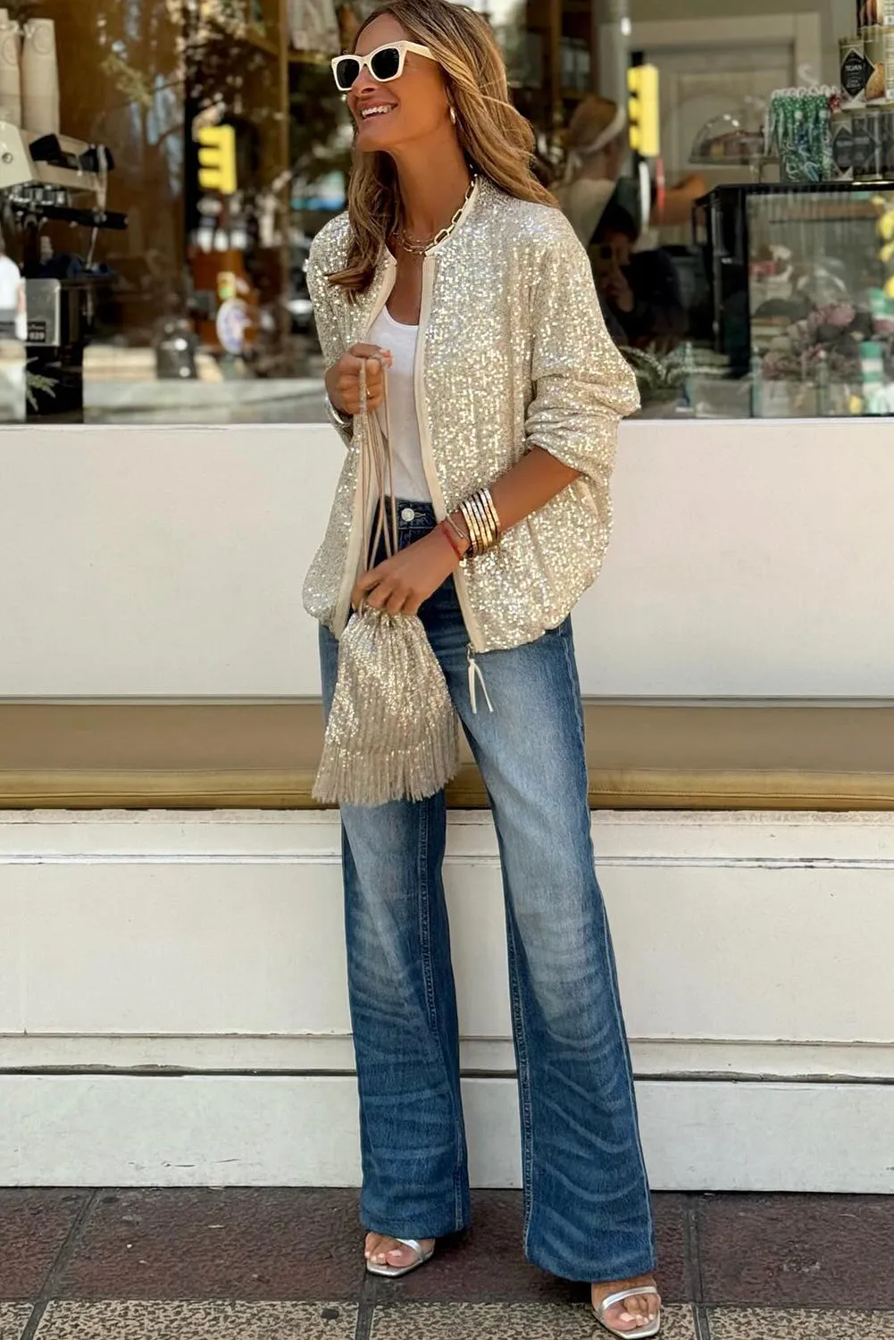 Apricot Sequin Zipper-up Jacket