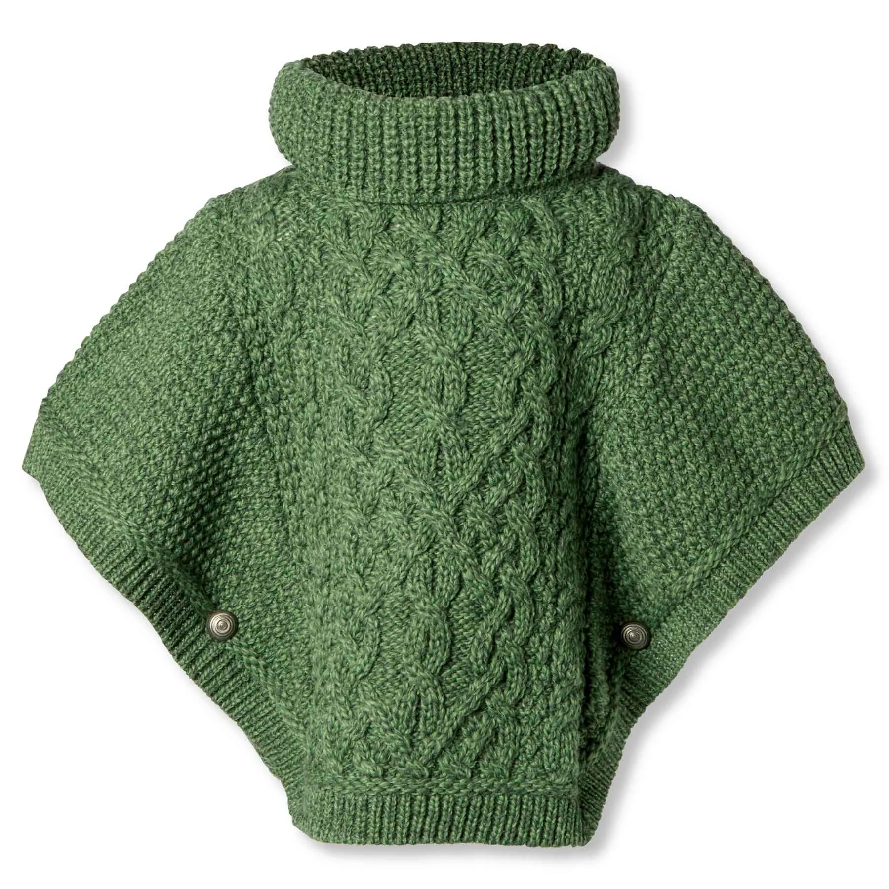 Aran Knit Roll Neck Childrens Wool Poncho - Green