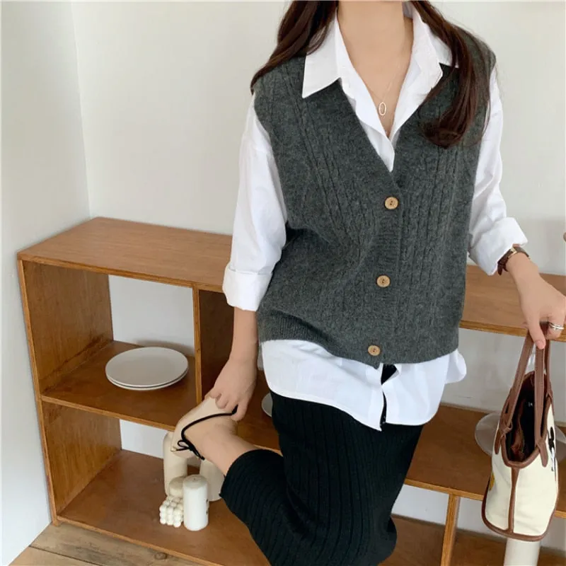 Autumn Women Vest Sweater Loose Fashion V Neck Single Breasted Korean Sleeveless Knitted Cardigan Solid Casual Ladies Tops