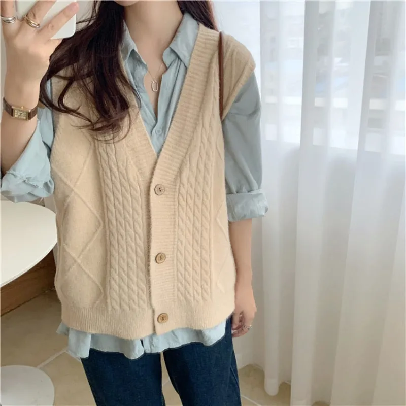 Autumn Women Vest Sweater Loose Fashion V Neck Single Breasted Korean Sleeveless Knitted Cardigan Solid Casual Ladies Tops