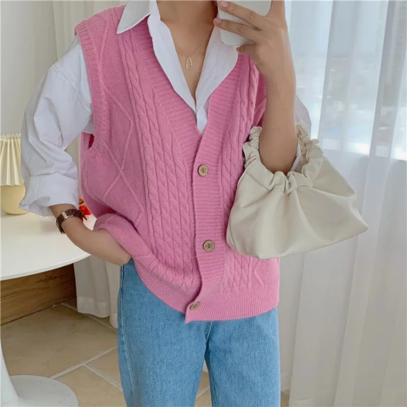 Autumn Women Vest Sweater Loose Fashion V Neck Single Breasted Korean Sleeveless Knitted Cardigan Solid Casual Ladies Tops