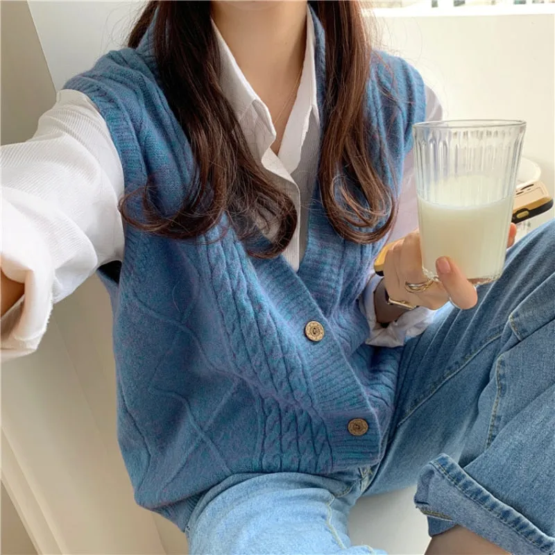 Autumn Women Vest Sweater Loose Fashion V Neck Single Breasted Korean Sleeveless Knitted Cardigan Solid Casual Ladies Tops