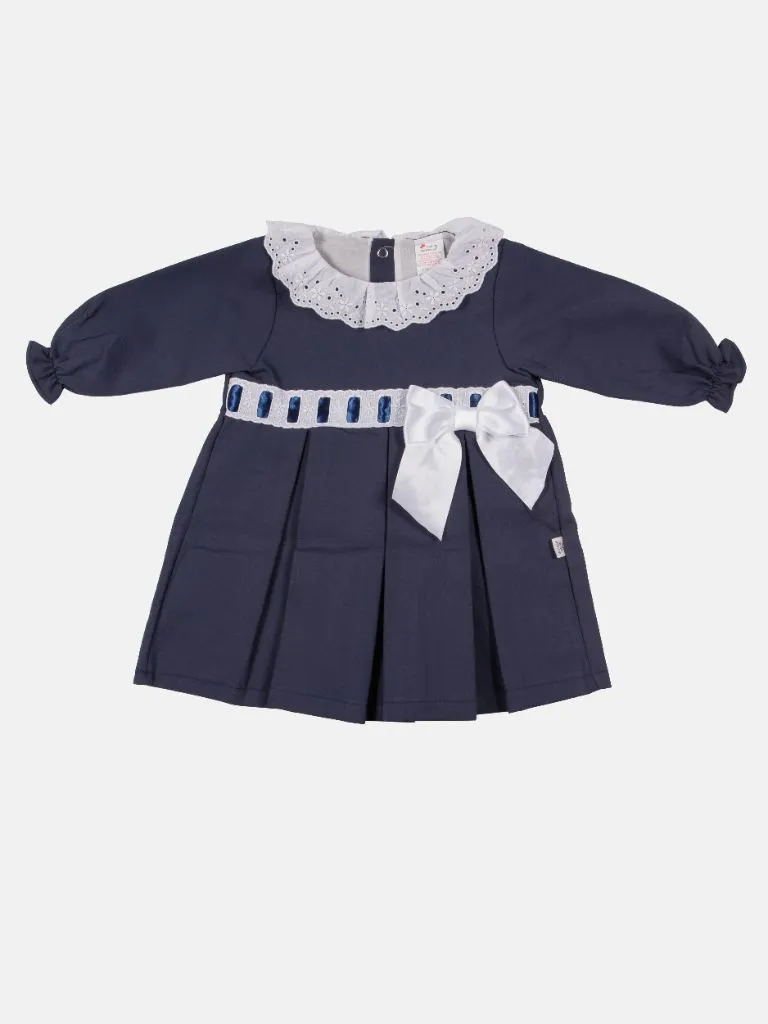 Baby Girl Valentina Dress with Bow and Frills - Navy Blue