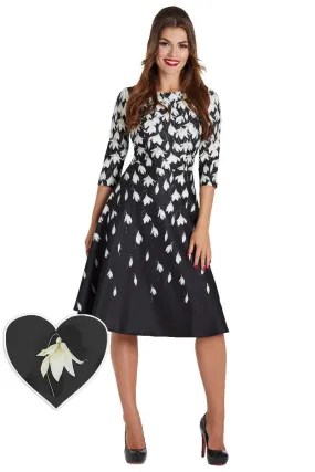 Beatrix Long Sleeved Black Midi Dress in Falling Snowdrop Print