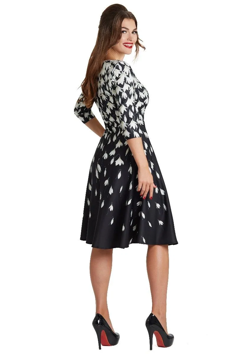 Beatrix Long Sleeved Black Midi Dress in Falling Snowdrop Print