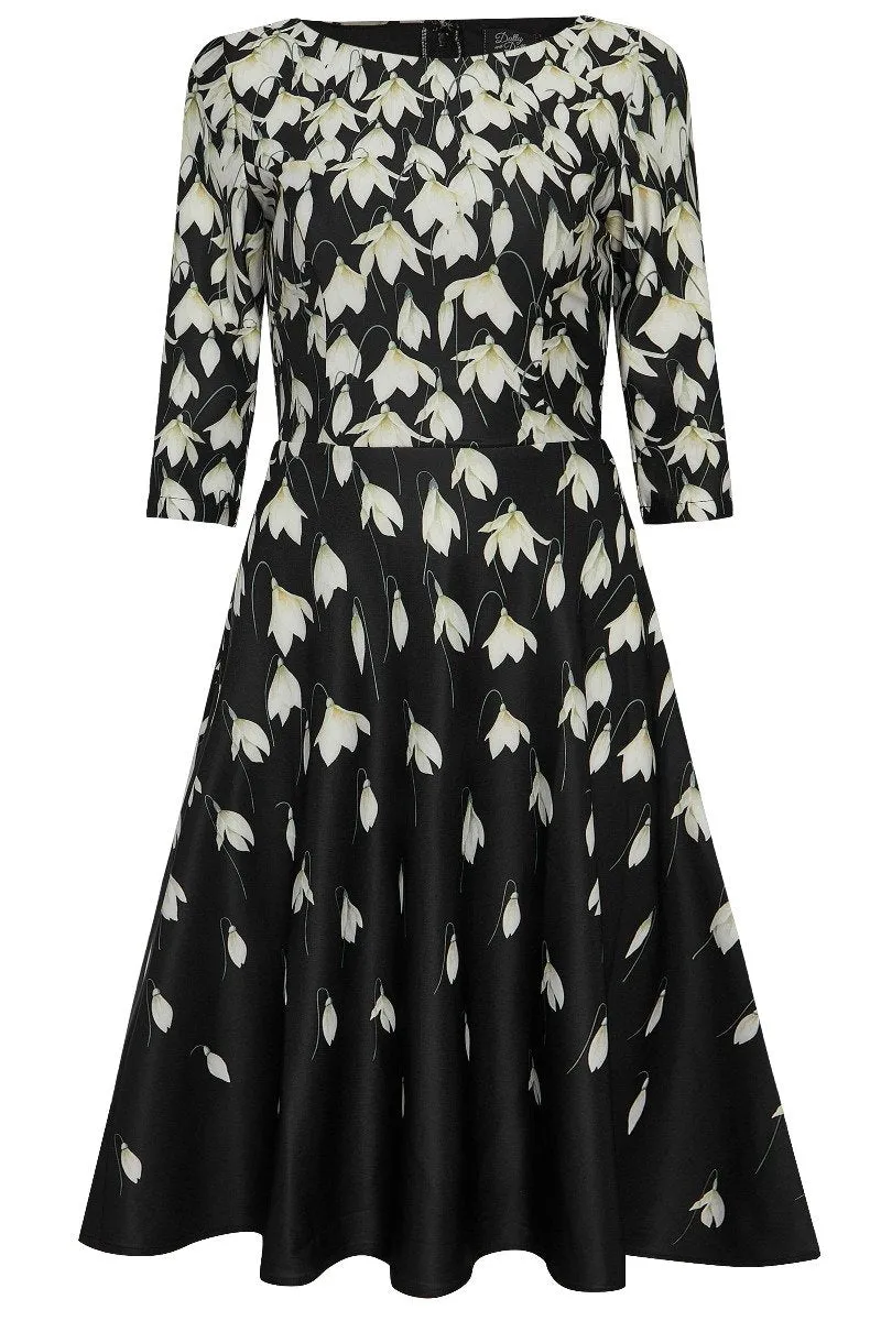 Beatrix Long Sleeved Black Midi Dress in Falling Snowdrop Print