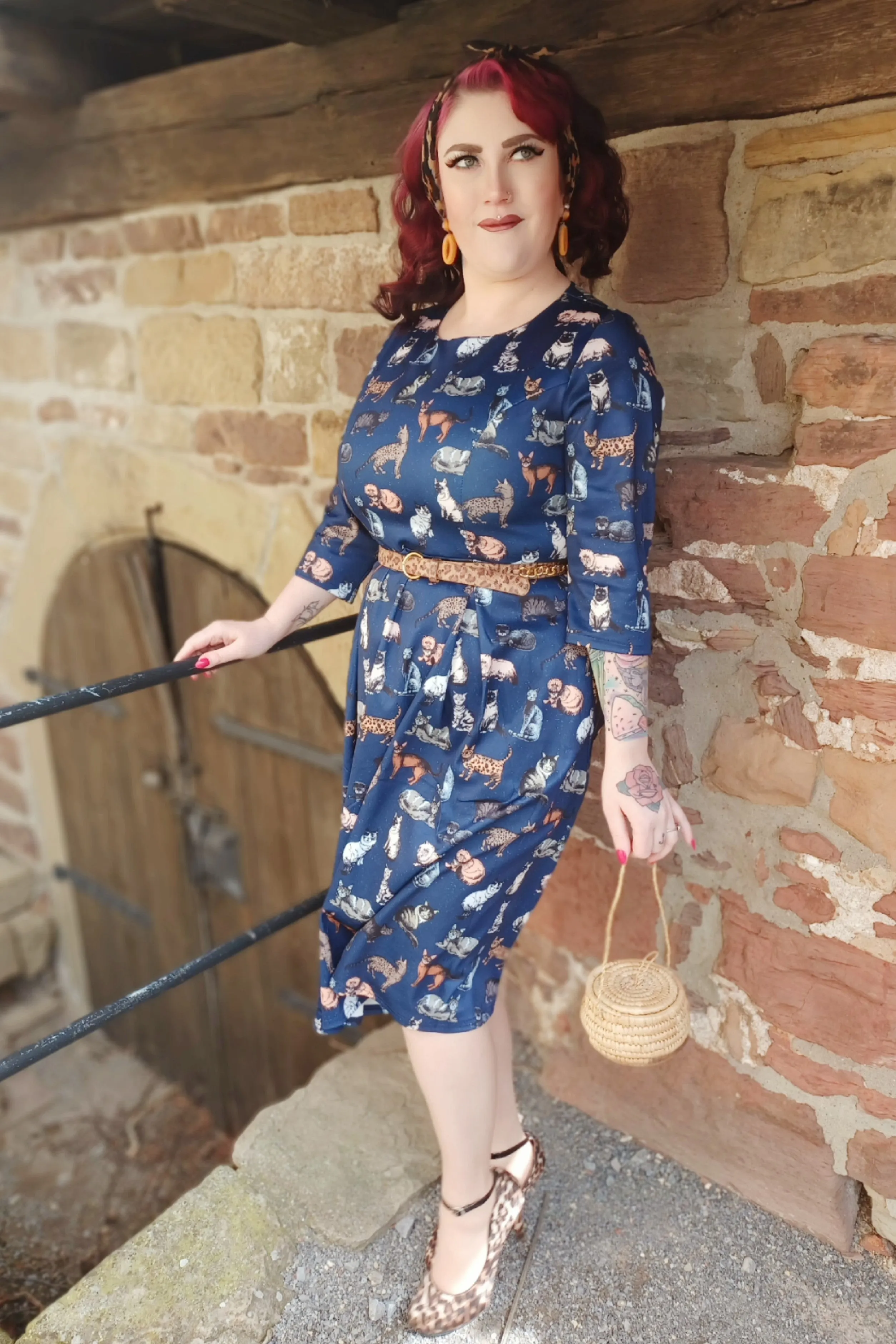 Beatrix Long Sleeved Blue Midi Cat Dress