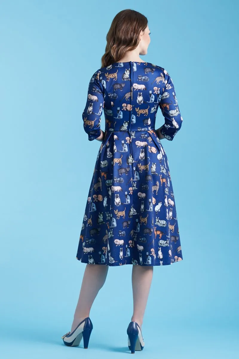 Beatrix Long Sleeved Blue Midi Cat Dress