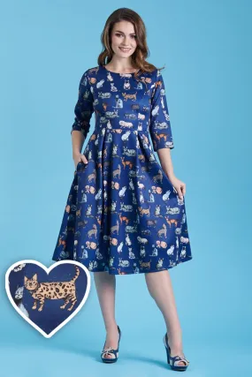 Beatrix Long Sleeved Blue Midi Cat Dress