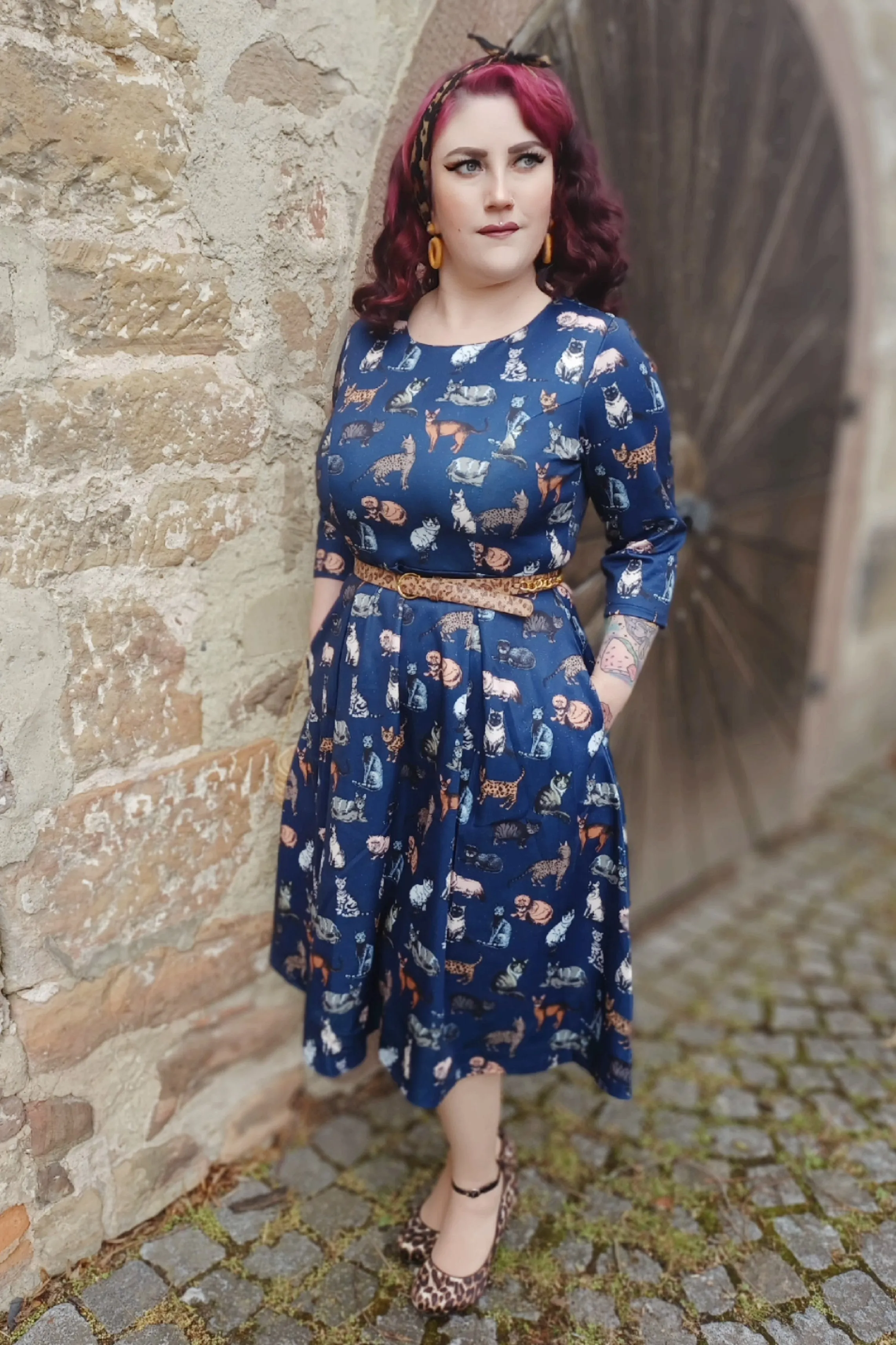 Beatrix Long Sleeved Blue Midi Cat Dress