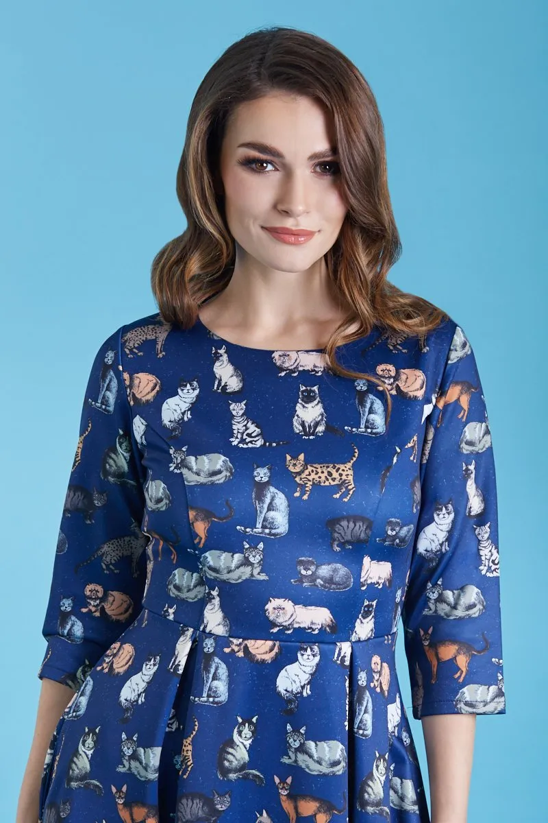 Beatrix Long Sleeved Blue Midi Cat Dress