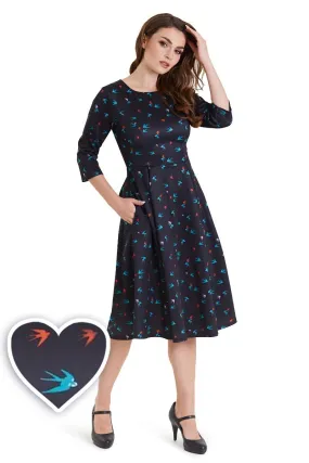 Beatrix Long Sleeved Midi Black Dress with Swallows