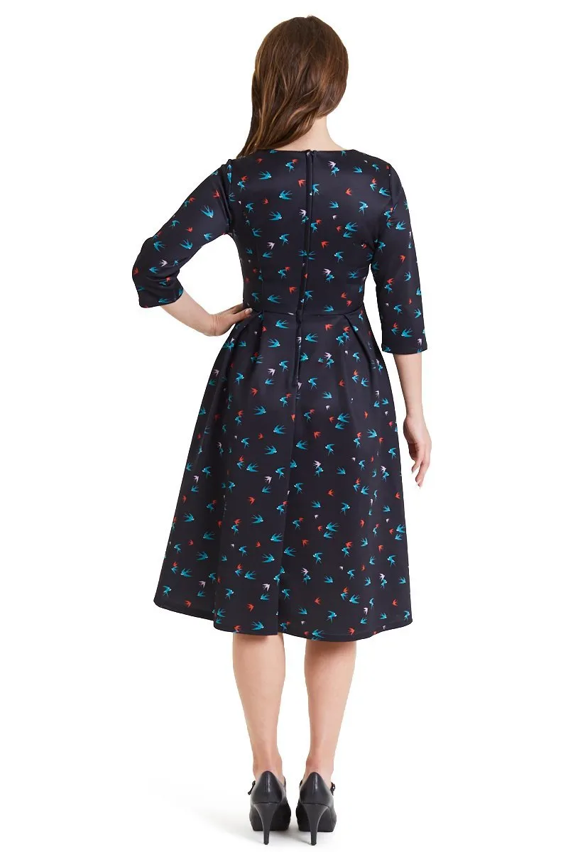 Beatrix Long Sleeved Midi Black Dress with Swallows