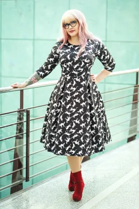 Beatrix Long Sleeved Midi Dress in Black Cat Print