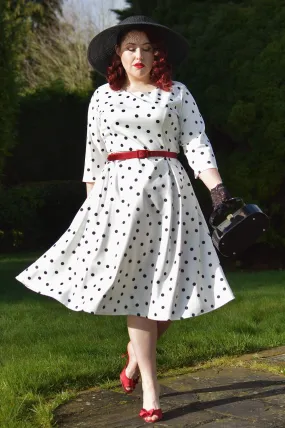 Beatrix Long Sleeved White/Black Polka Dot Midi Dress