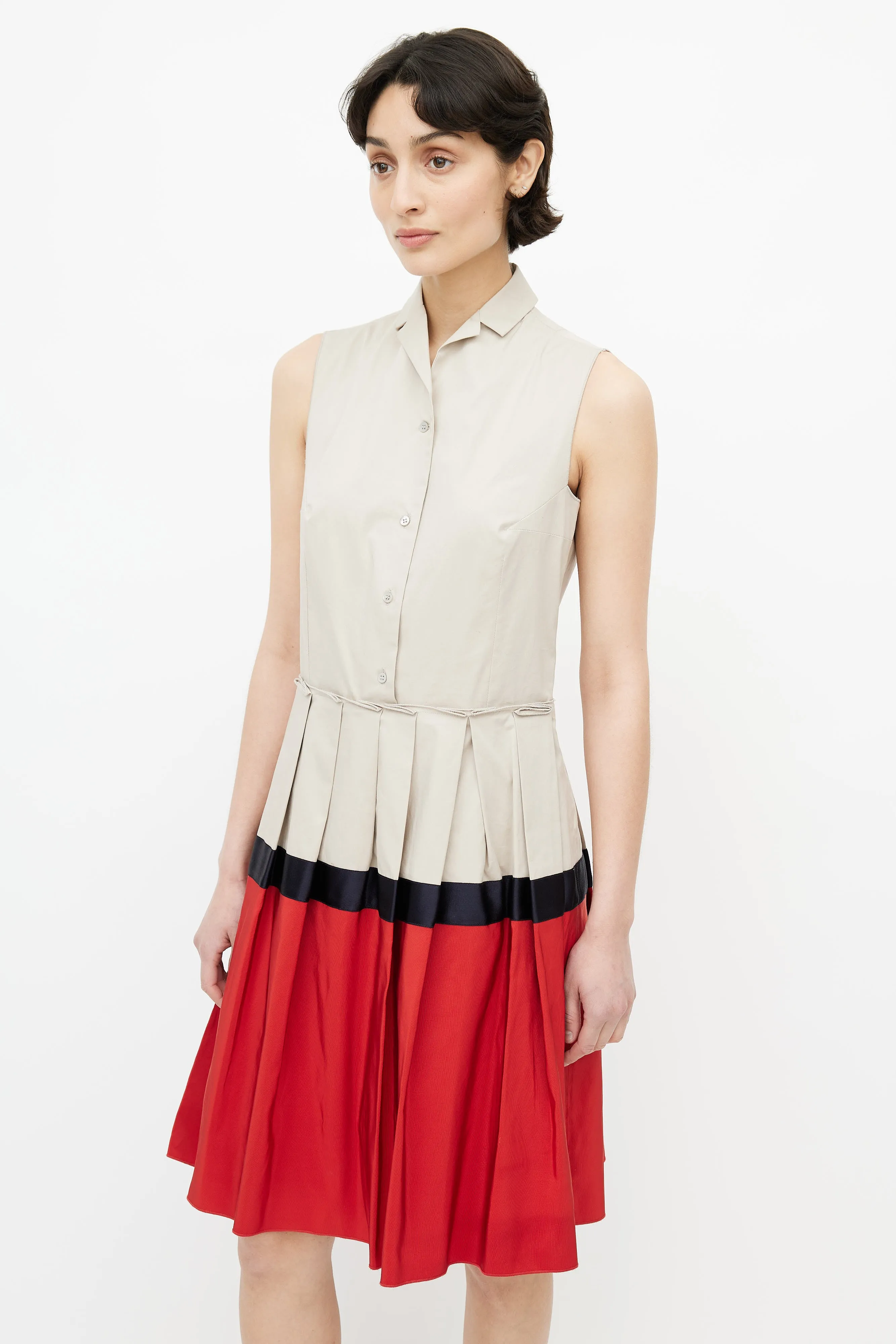 Beige & Red Pleated Shirt Dress