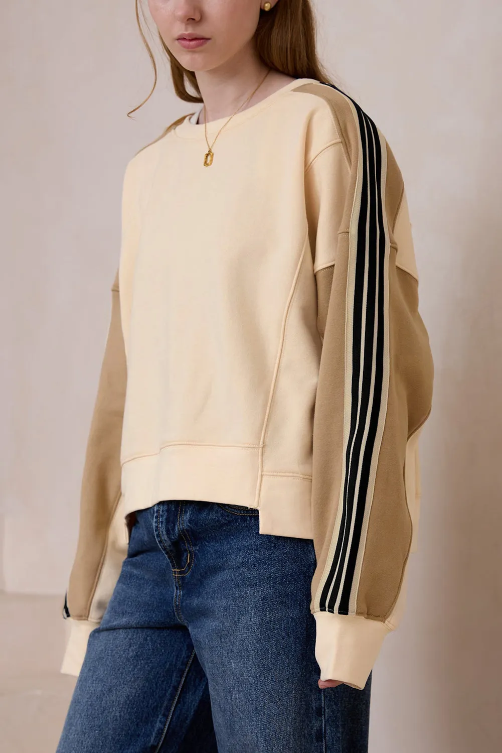 Beige Striped Colorblock Drop Sleeve Sweatshirt