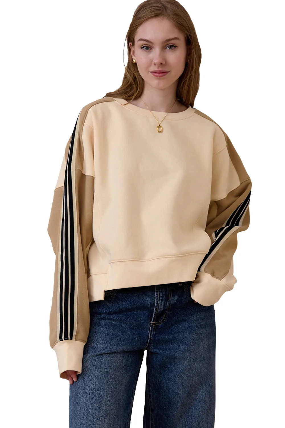 Beige Striped Colorblock Drop Sleeve Sweatshirt