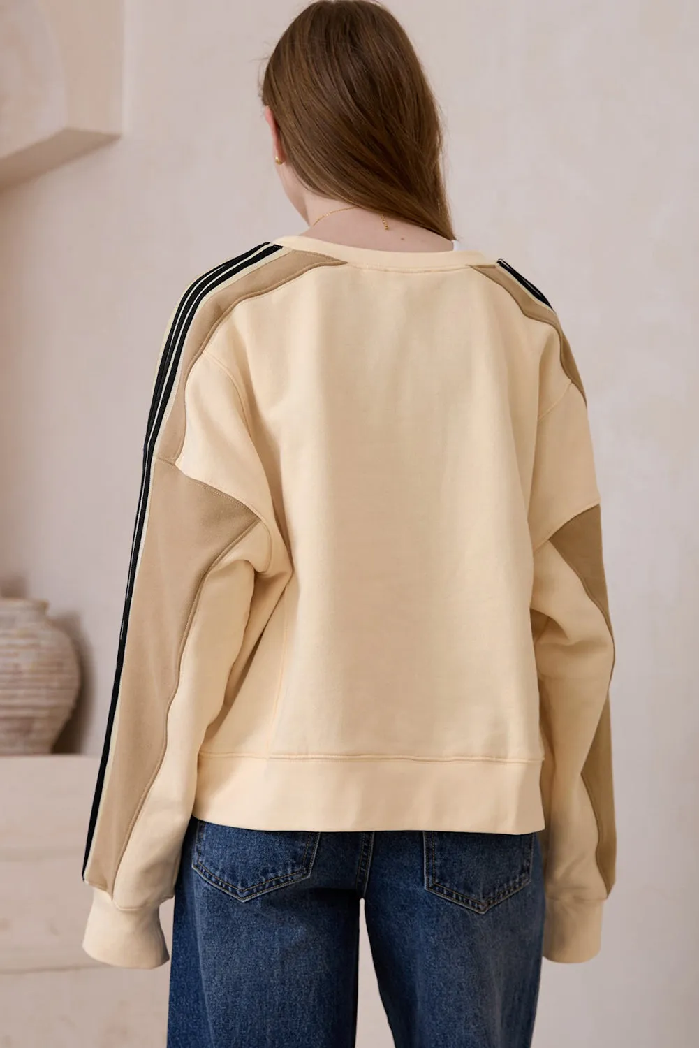 Beige Striped Colorblock Drop Sleeve Sweatshirt