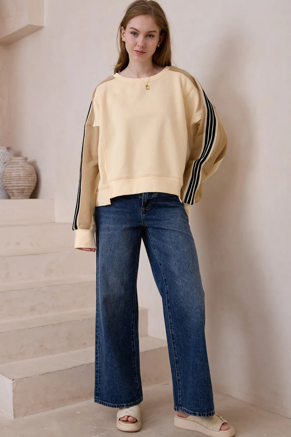 Beige Striped Colorblock Drop Sleeve Sweatshirt