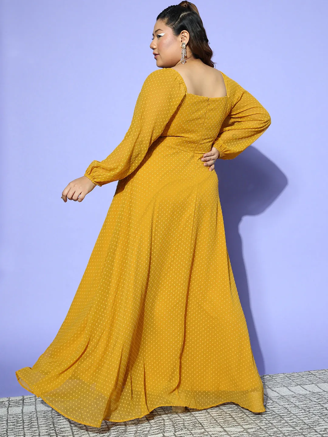 Berrylush Women Plus Size Solid Mustard Yellow Dobby Weave Square Neck Thigh-High Slit Fit & Flare Maxi Dress