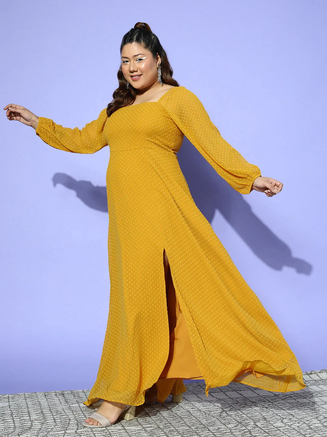 Berrylush Women Plus Size Solid Mustard Yellow Dobby Weave Square Neck Thigh-High Slit Fit & Flare Maxi Dress