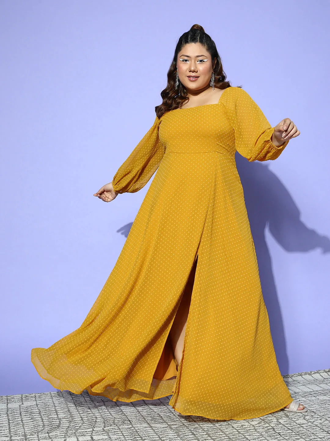 Berrylush Women Plus Size Solid Mustard Yellow Dobby Weave Square Neck Thigh-High Slit Fit & Flare Maxi Dress