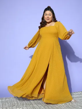 Berrylush Women Plus Size Solid Mustard Yellow Dobby Weave Square Neck Thigh-High Slit Fit & Flare Maxi Dress