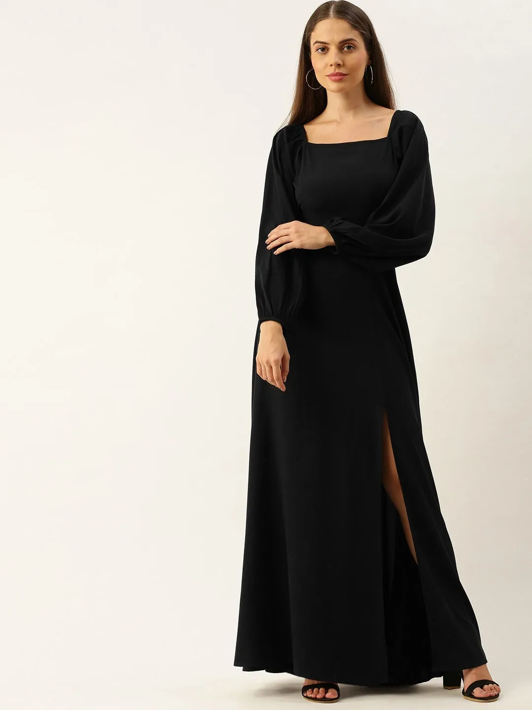 Berrylush Women Solid Black Square Neck High Slit Maxi Dress