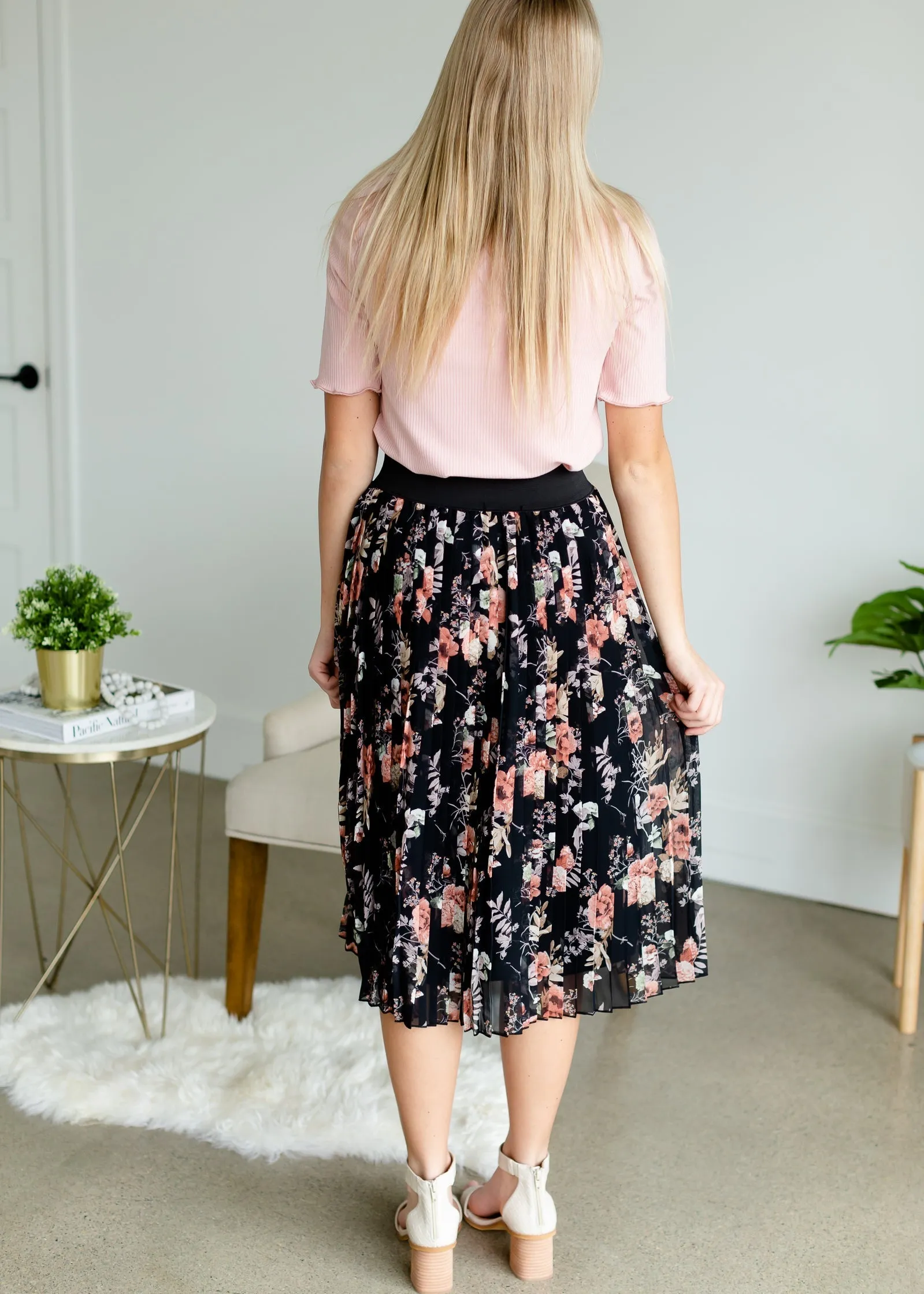 Black Floral Pleated Midi Skirt