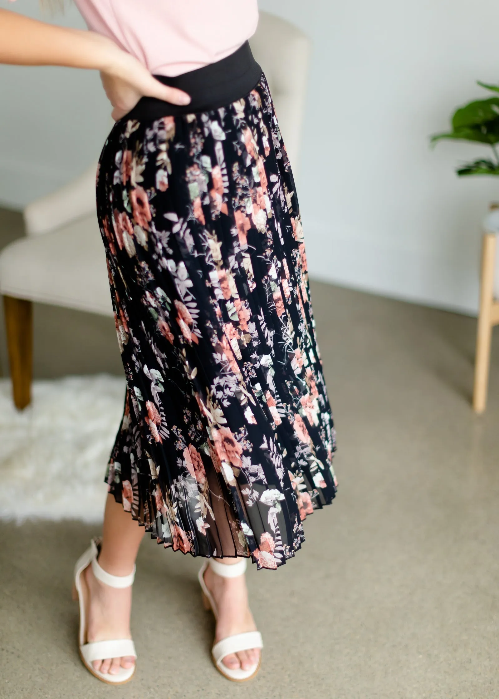 Black Floral Pleated Midi Skirt